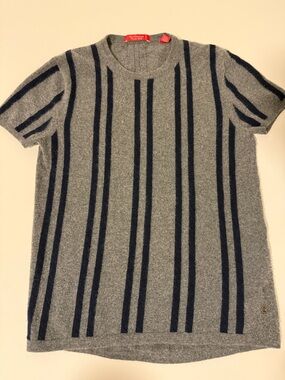 Gray Short Sleeve Sweater Shirt with Navy Vertical Stripes